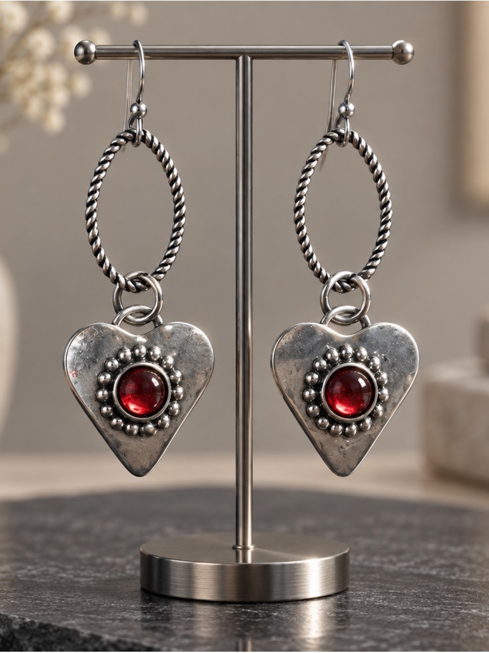 Fashion Jewelry Silver-Tone Heart Drop Earrings with Red Cabochon